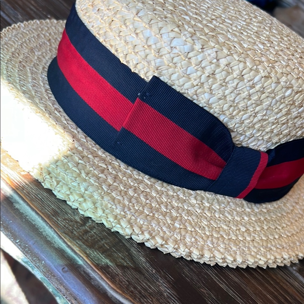 SCALA Straw Boater Hat with Red and Blue Ribbon - Picture 4 of 15
